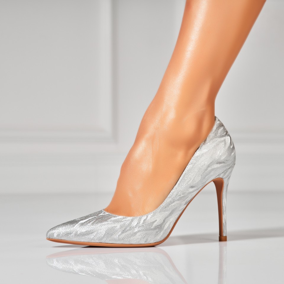 Pantofi dama stiletto Argintii din Satin Keylen
