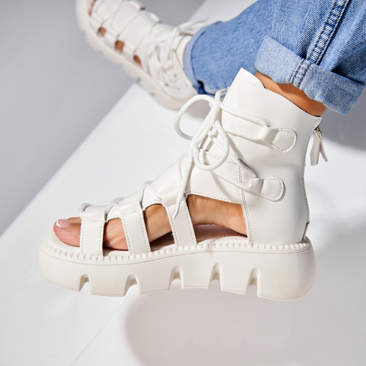 Poze Sandale dama cu platforma Albe din Piele Ecologica Lylee