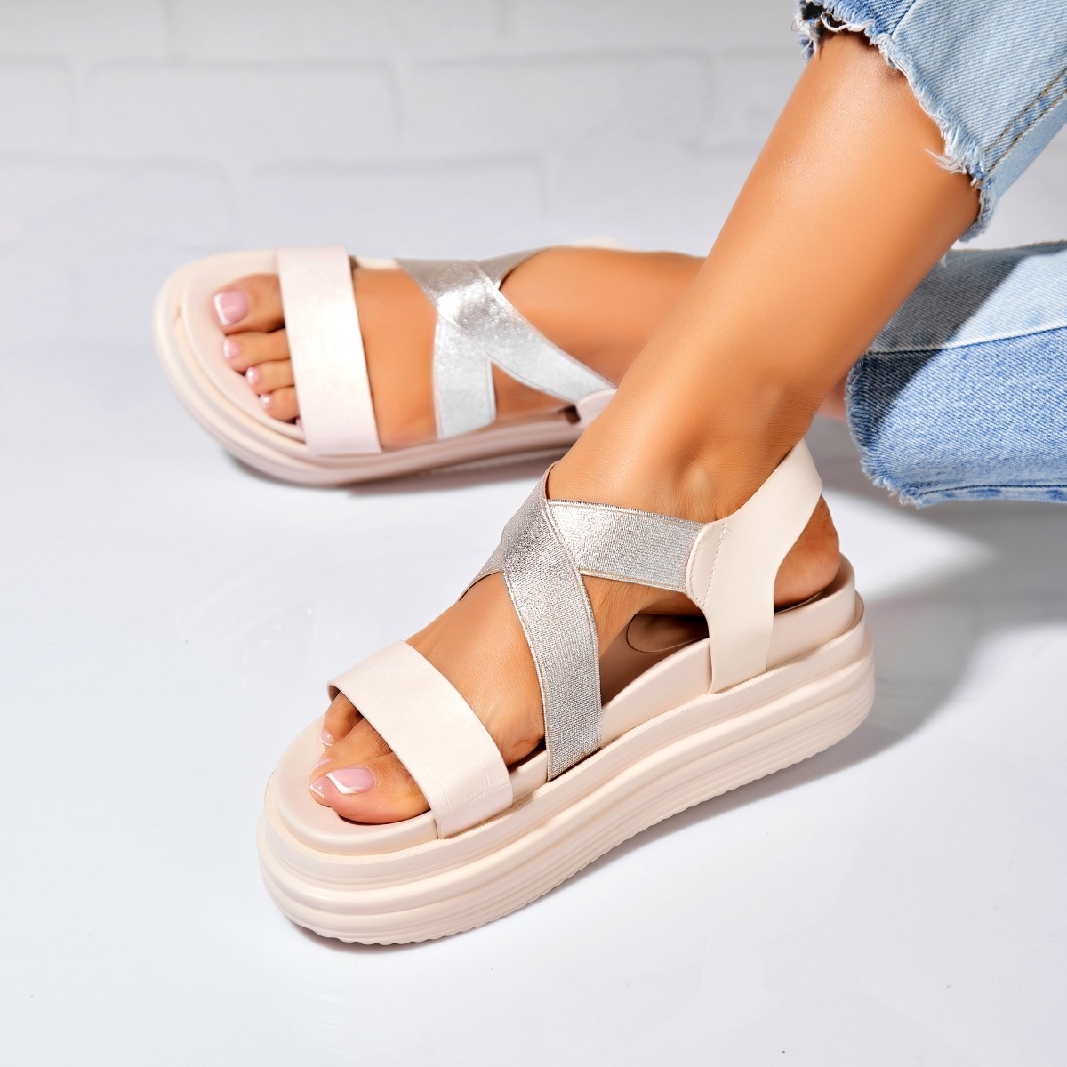 Poze Sandale dama cu platforma Bej din Piele Ecologica Keity