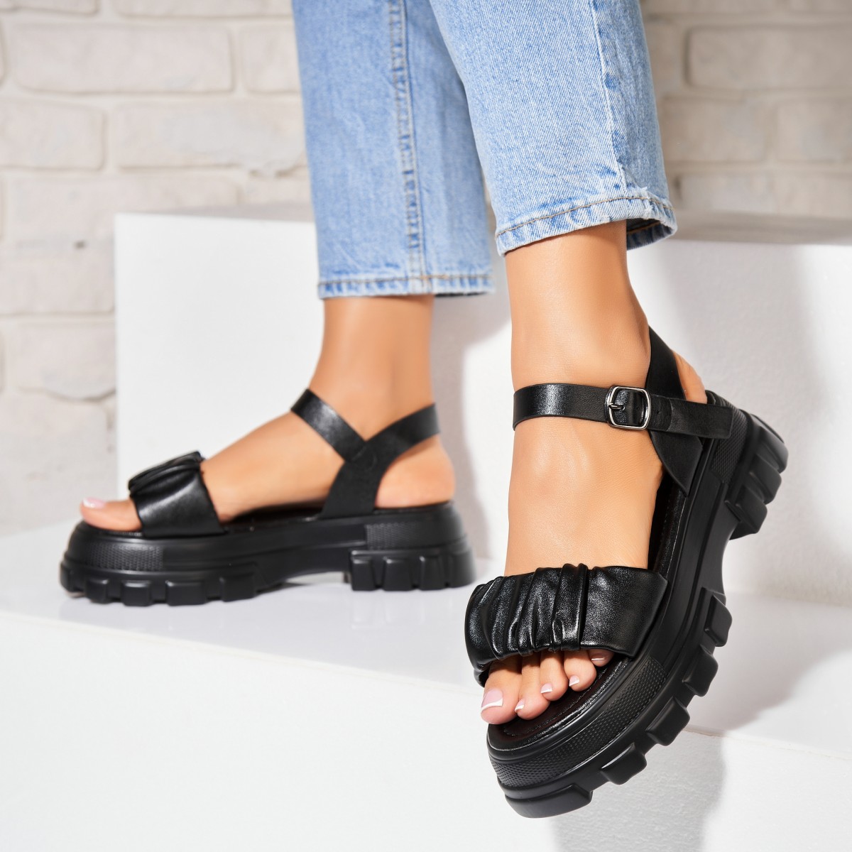 Poze Sandale dama cu platforma Negre din Piele Ecologica Hymie