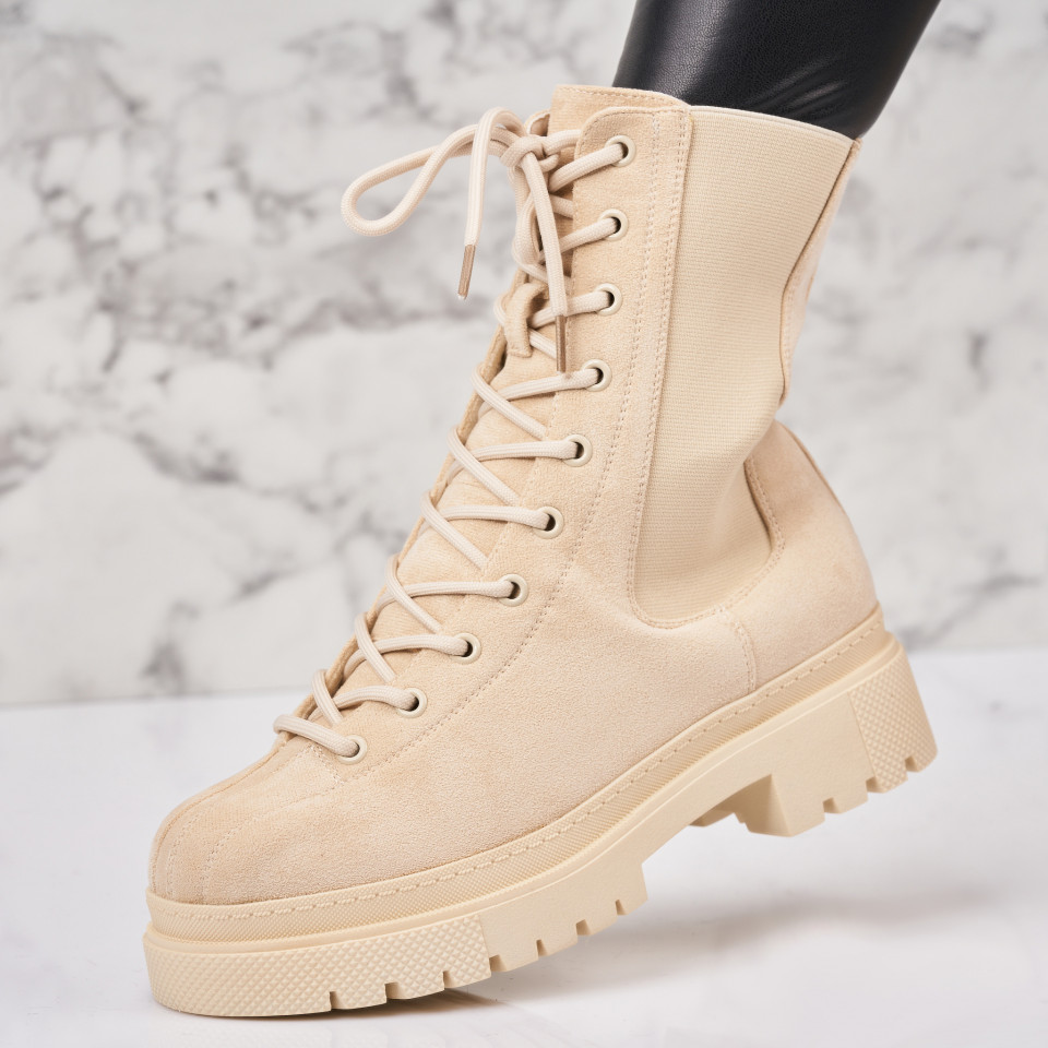 Poze Ghete Dama Imblanite Bej din Piele Ecologica Intoarsa Adilee