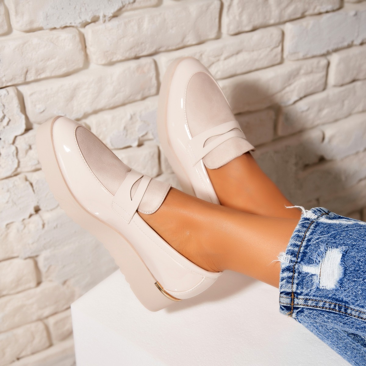 Poze Pantofi dama casual Bej din Piele Ecologica Lacuita Rozy