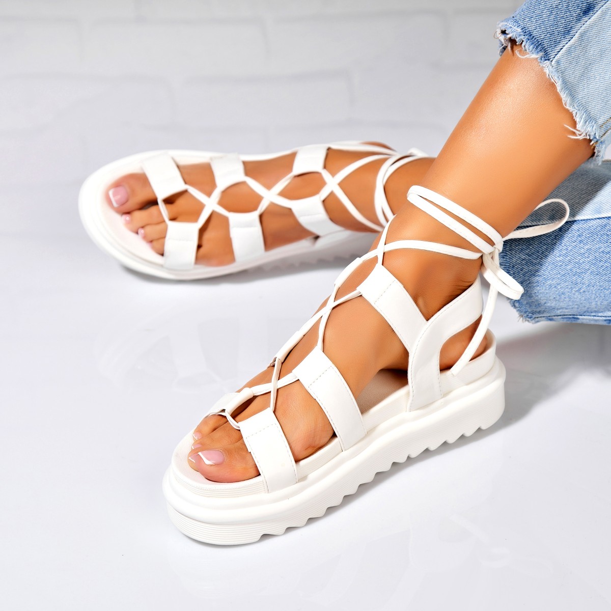 Poze Sandale dama cu platforma Albe din Piele Ecologica Imira