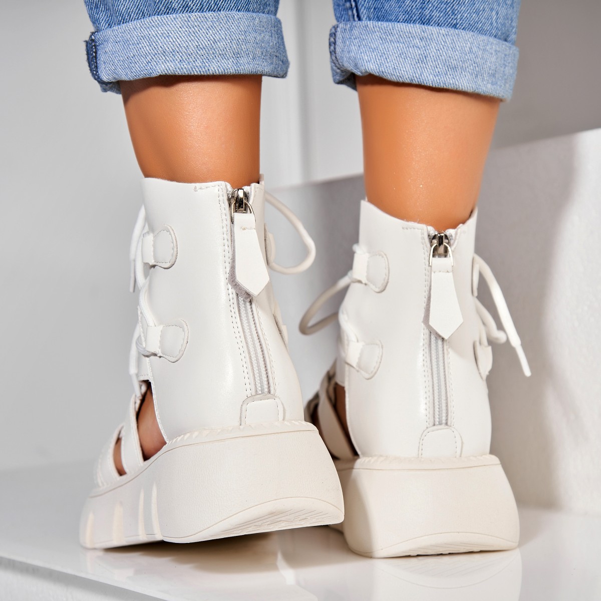 Poze Sandale dama cu platforma Albe din Piele Ecologica Lylee