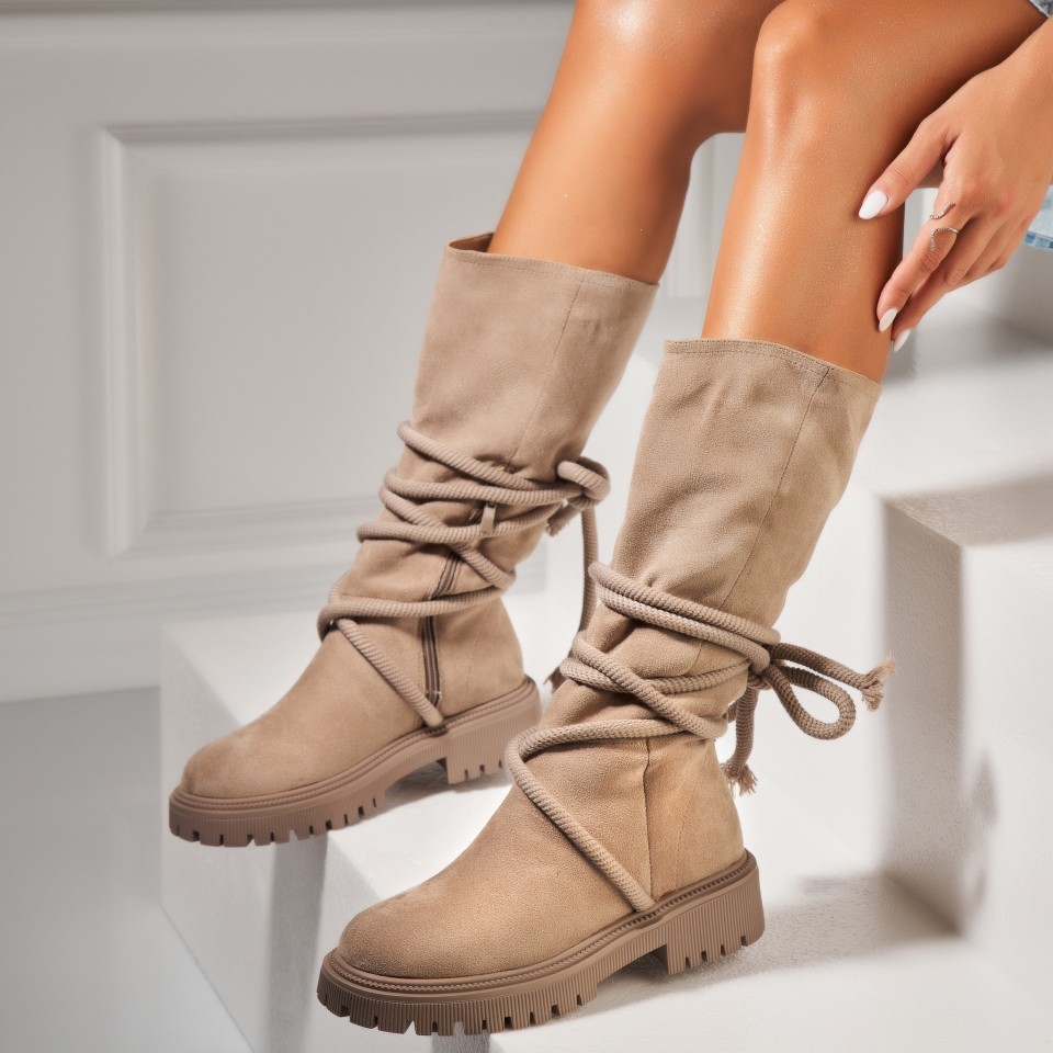 Poze Cizme Dama Imblanite Bej din Piele Ecologica Intoarsa Haily