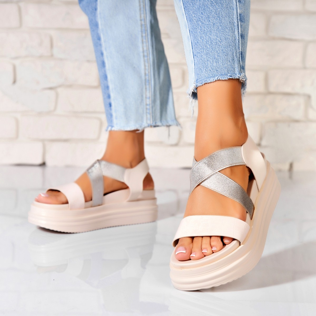 Poze Sandale dama cu platforma Bej din Piele Ecologica Keity