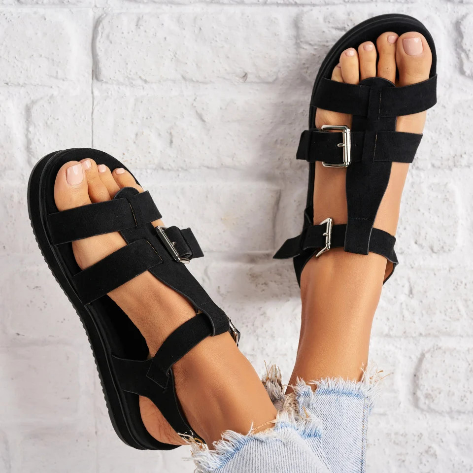 sandale dama cu platforma negre din piele ecologica intoarsa cleo~77535