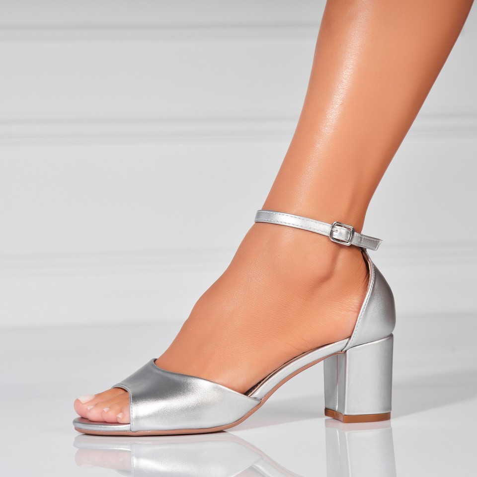 Poze Sandale dama cu Toc Argintii din Piele Ecologica Azera