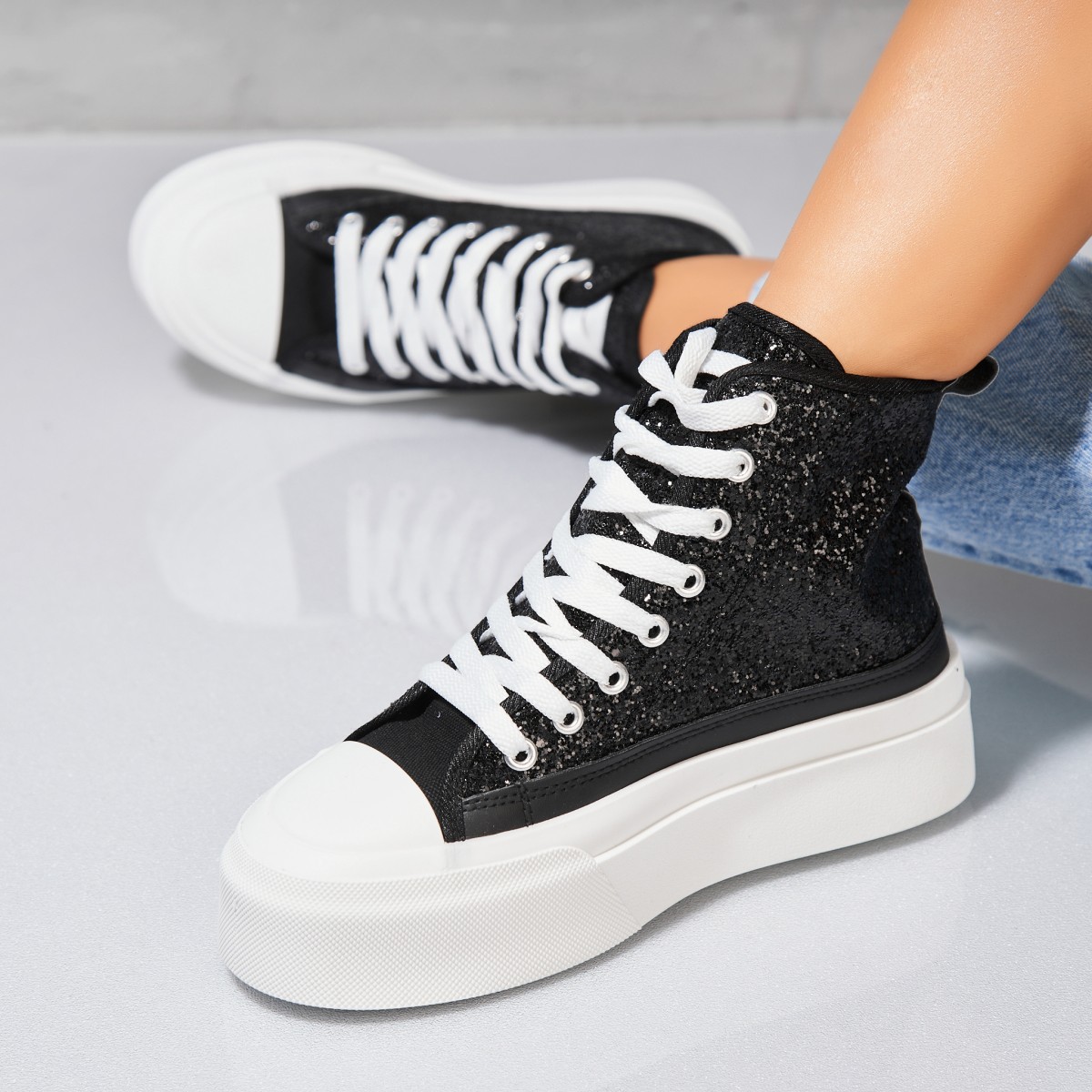 Poze Sneakersi dama Glitter Negri Habibi