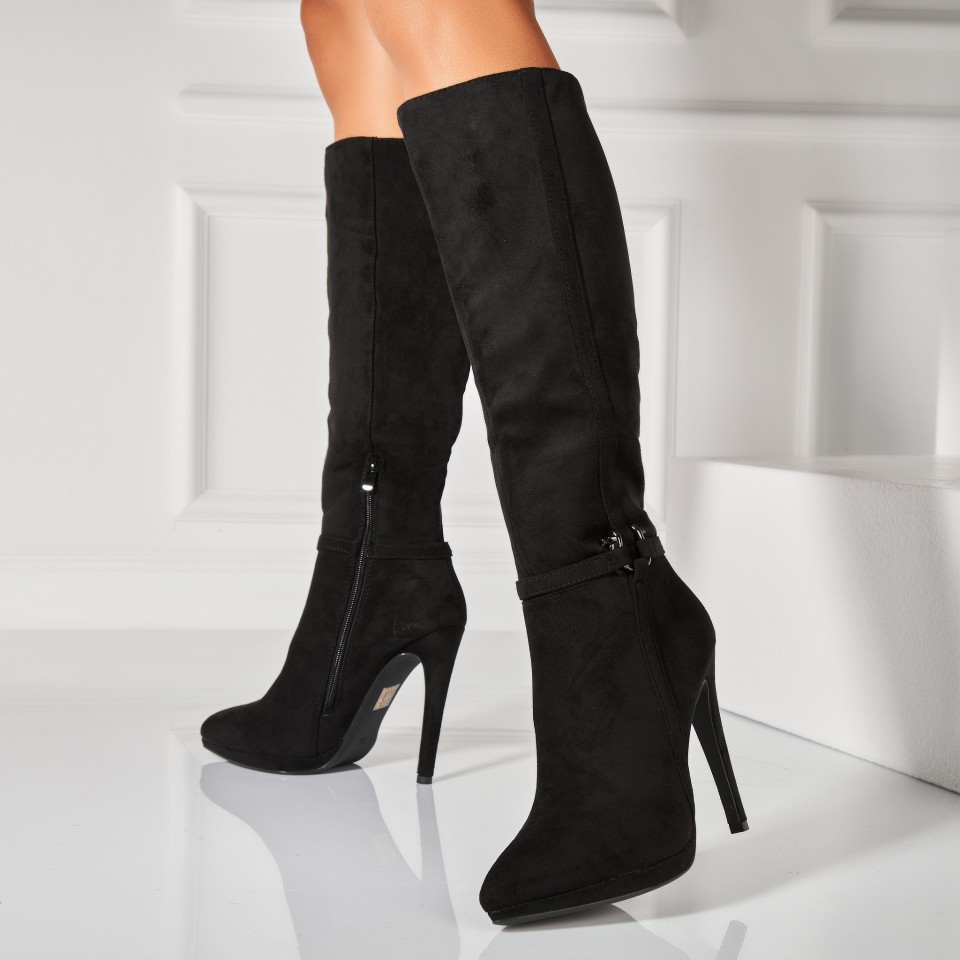 Poze Cizme cu toc Piele Ecologica Intoarsa Negru Kanika