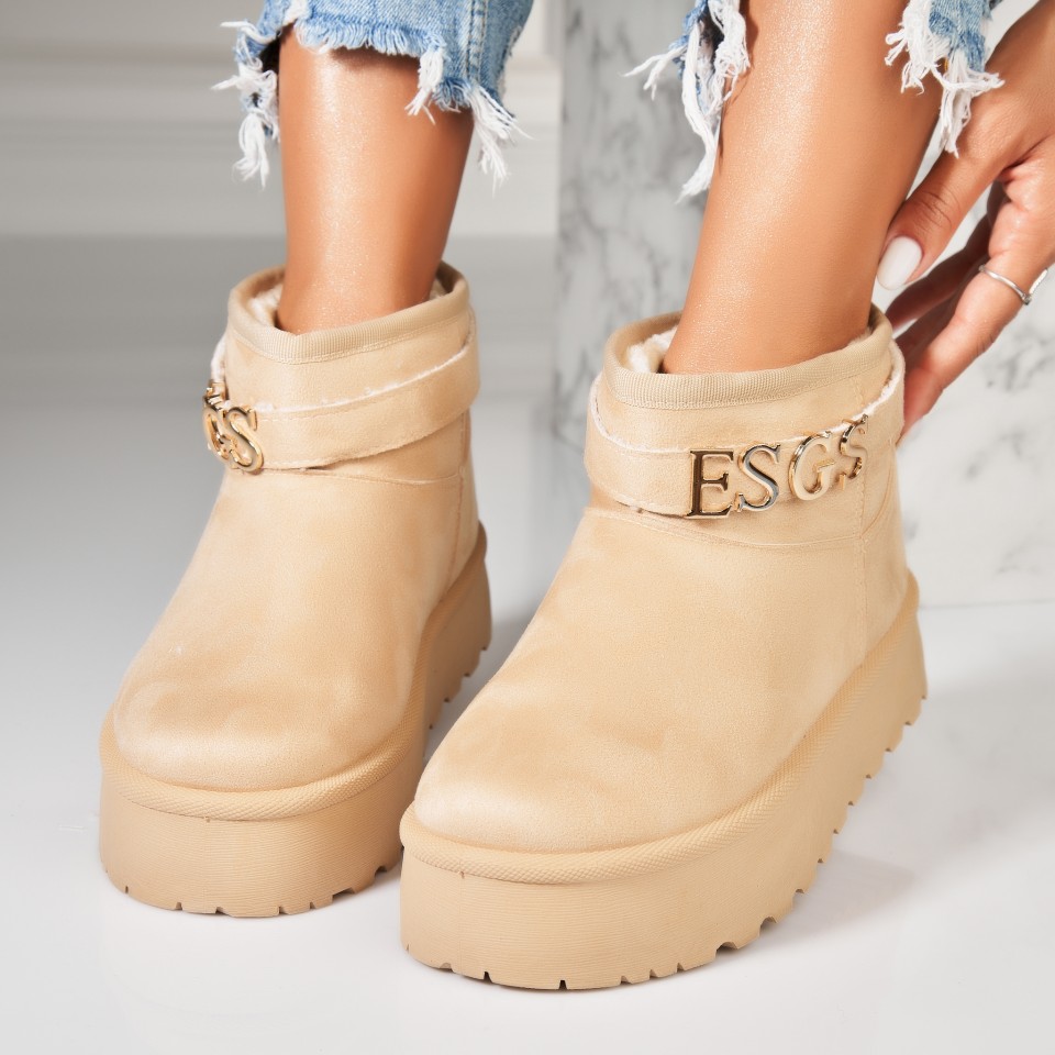 Poze Cizme Dama Imblanite Bej din Piele Ecologica Intoarsa Muna