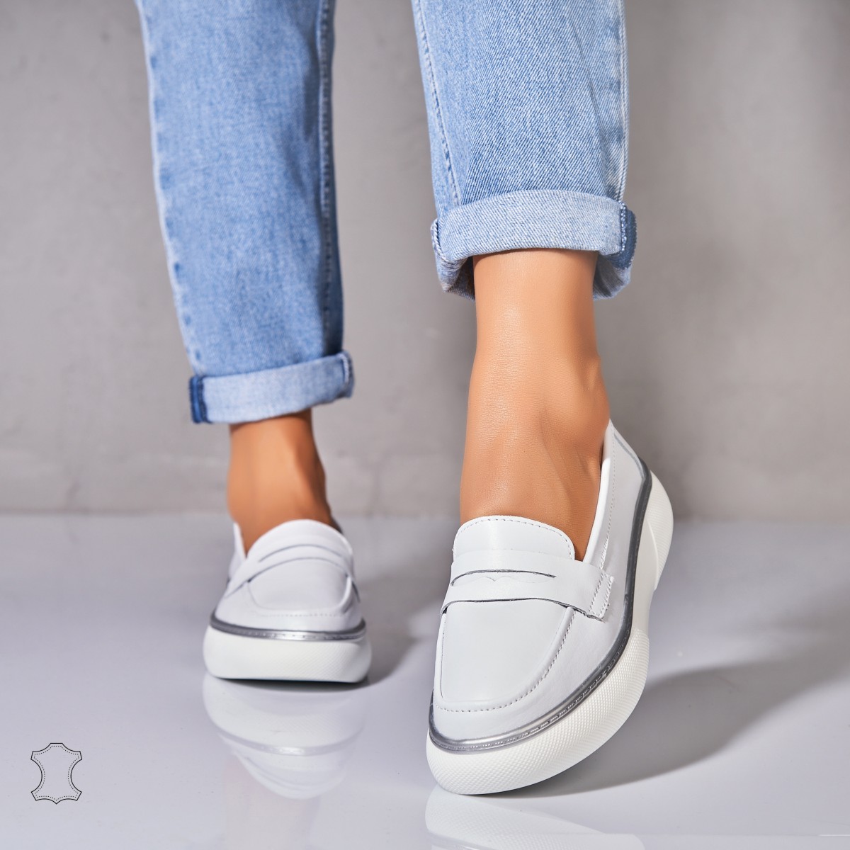 Poze Mocasini dama Piele Naturala Albi Neyda