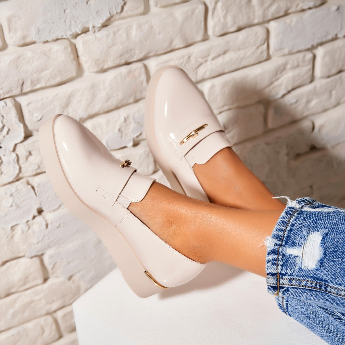 Poze Pantofi dama casual Bej din Piele Ecologica Lacuita Kinze