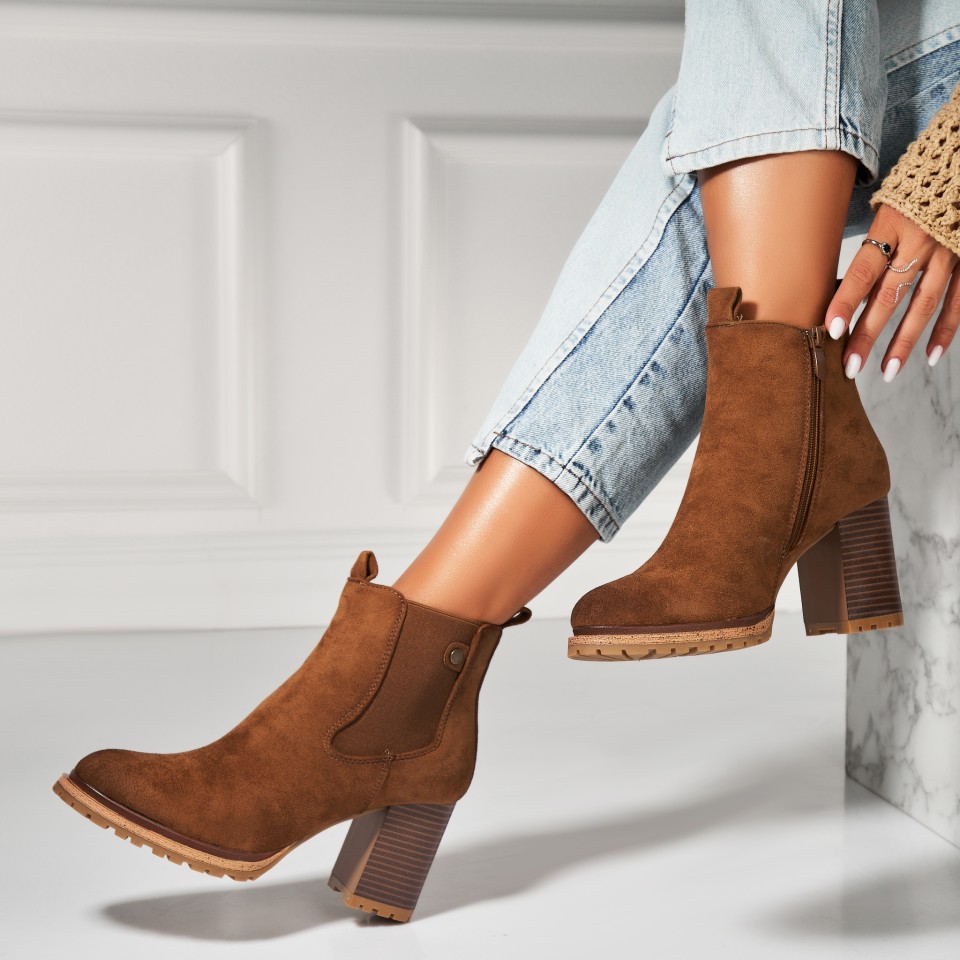 Poze Botine dama Imblanite Camel din Piele Ecologica Intoarsa Elora