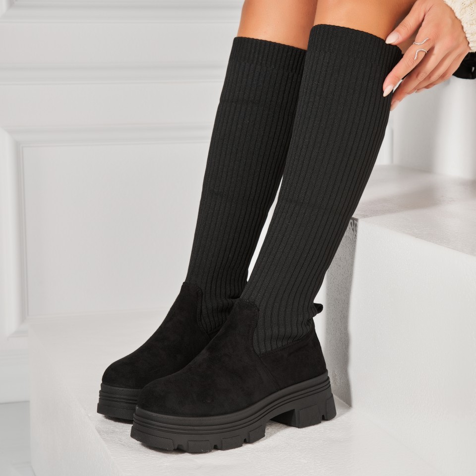 Poze Cizme Dama Imblanite Negre din Piele Ecologica Intoarsa Deidra