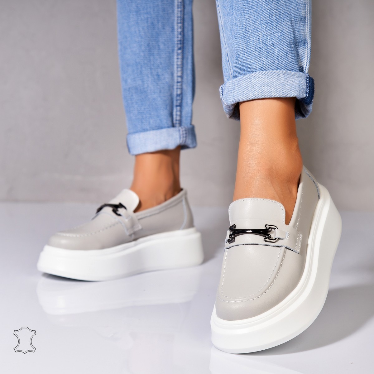 Poze Mocasini dama Piele Naturala Gri Lydia