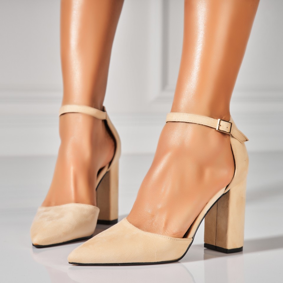 Poze Pantofi dama cu toc Bej din Piele Ecologica Intoarsa Aydin