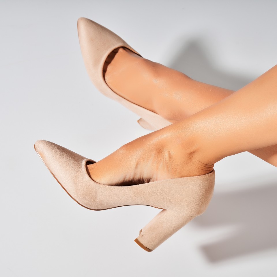 Poze Pantofi dama cu toc Bej din Piele Ecologica Intoarsa Karlei