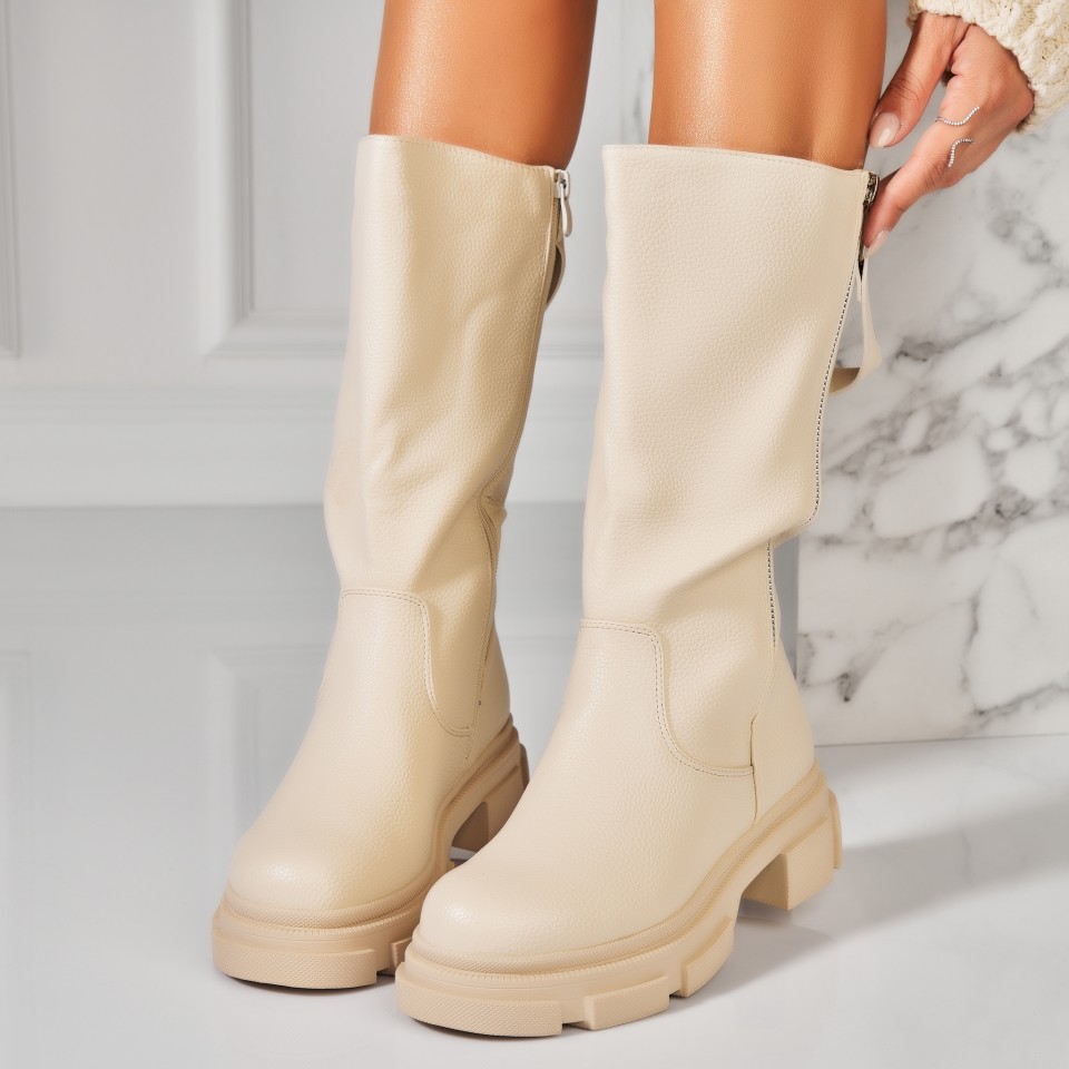 Poze Cizme Dama Imblanite Bej din Piele Ecologica Makie