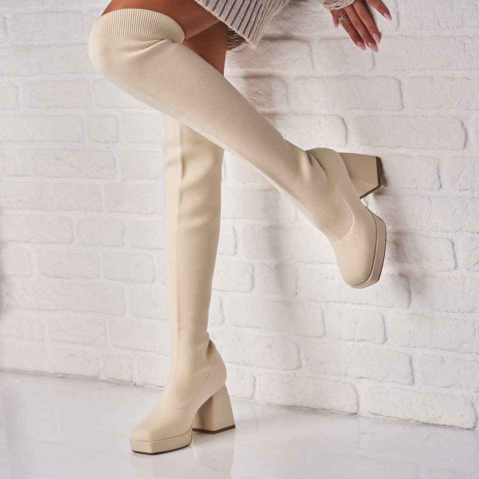 Poze Cizme Dama Imblanite Bej din Textil Baylie