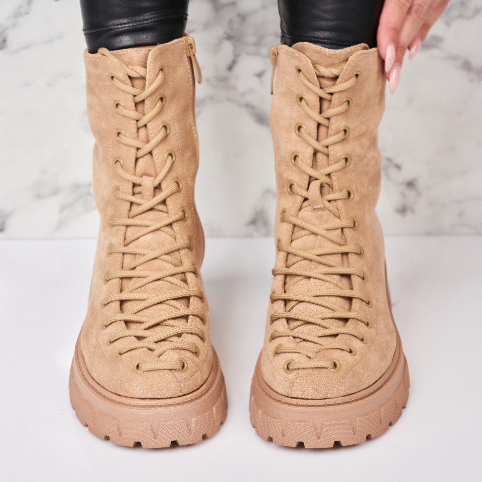 Poze Ghete Dama Imblanite Kaki din Piele Ecologica Intoarsa Zayley