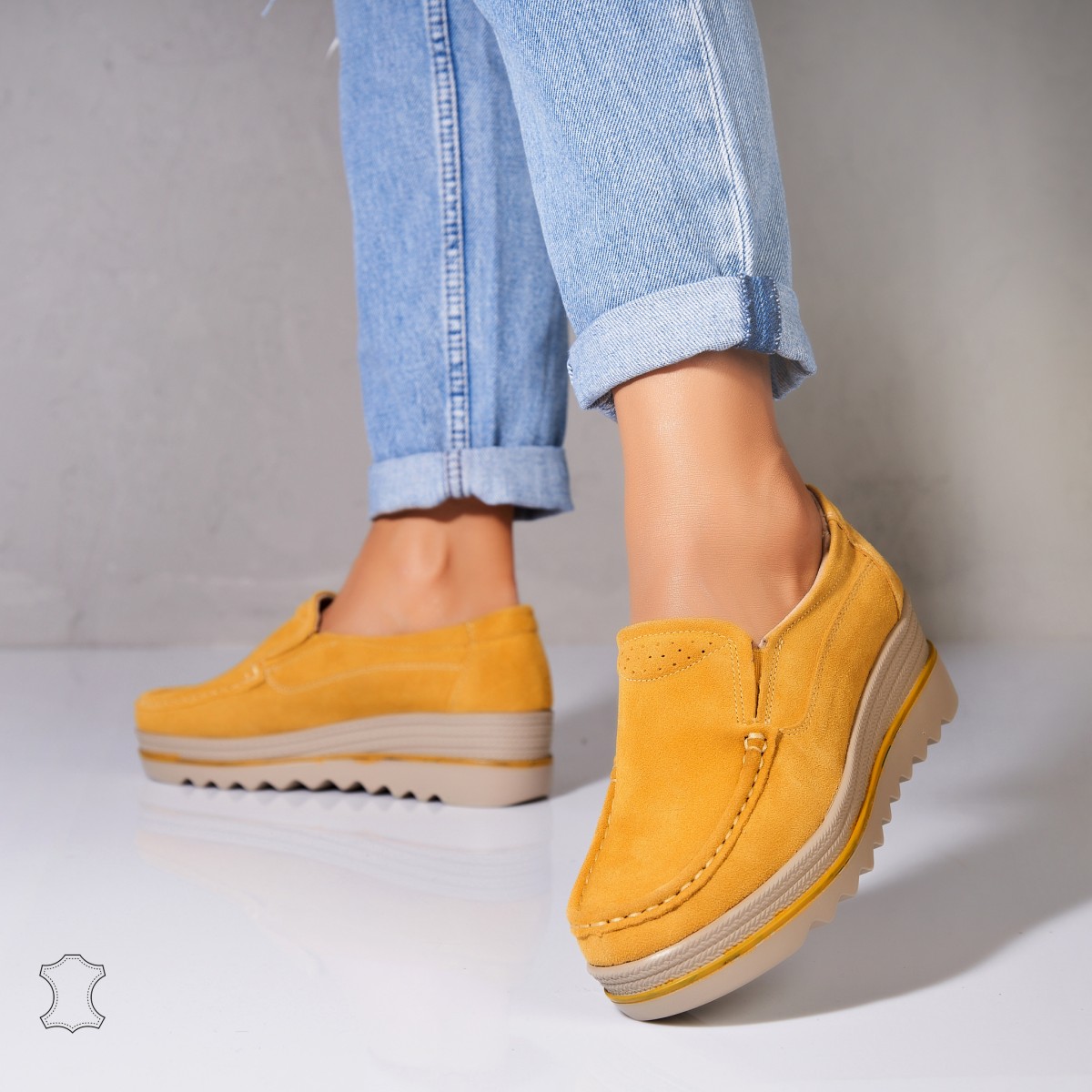 Poze Mocasini dama Piele Naturala Intoarsa Galbeni Sulma