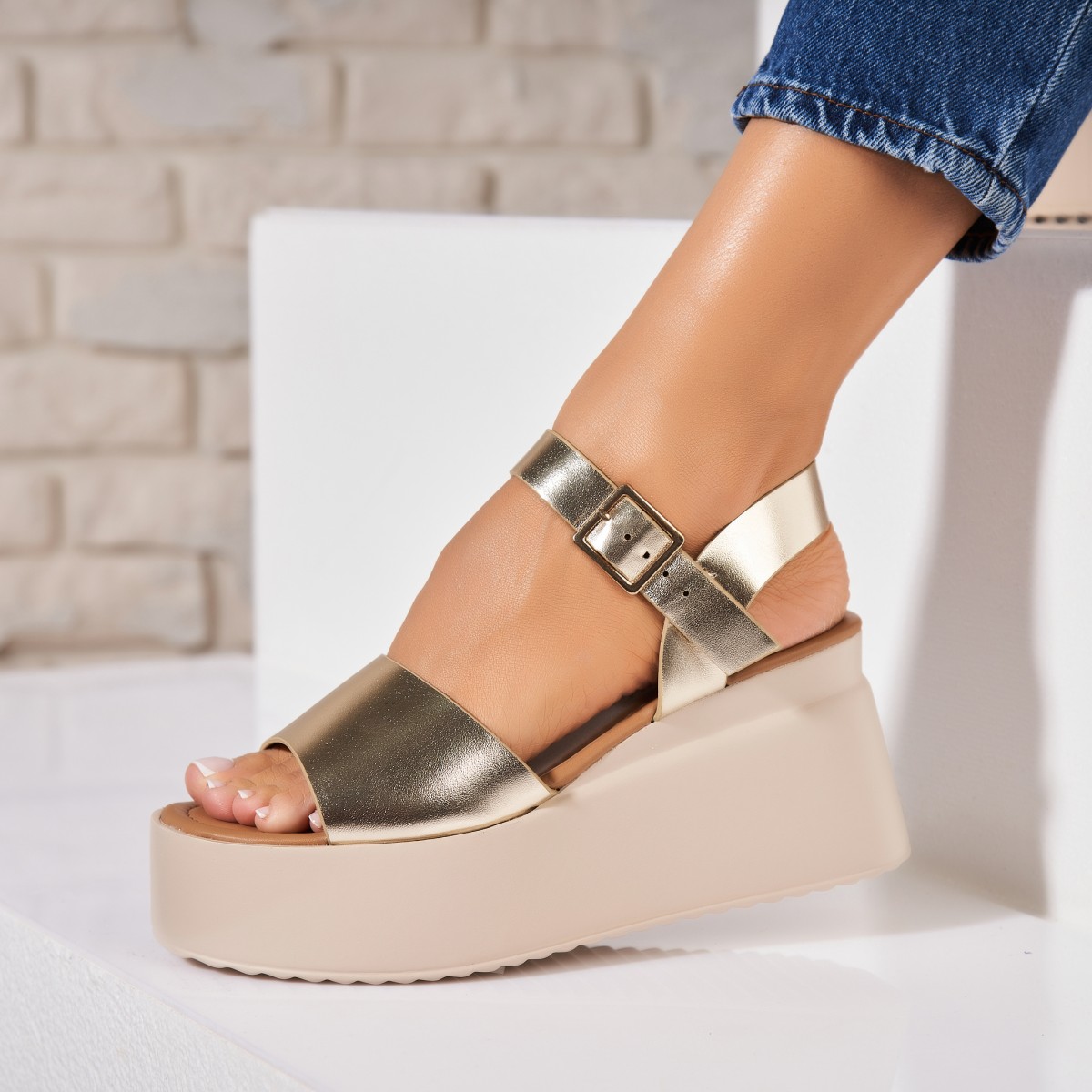 Poze Sandale dama cu platforma Auriu din Piele Ecologica Ryka