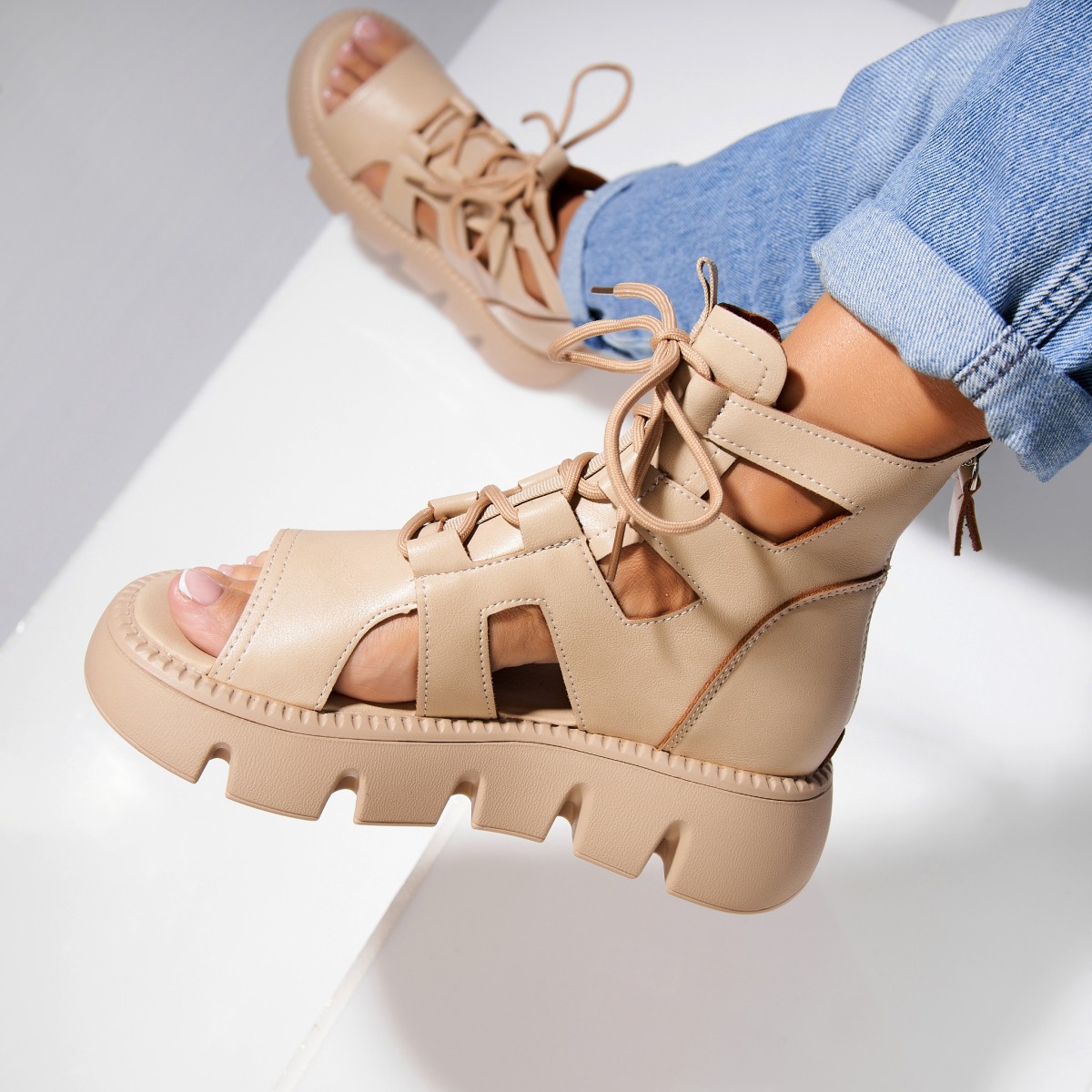 Poze Sandale dama cu platforma Kaki din Piele Ecologica Monay