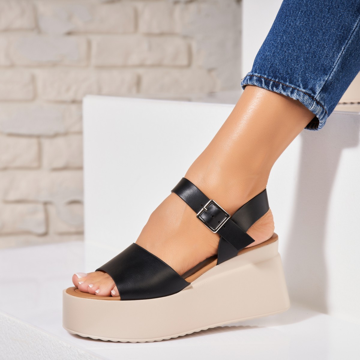Poze Sandale dama cu platforma Negre din Piele Ecologica Ryka