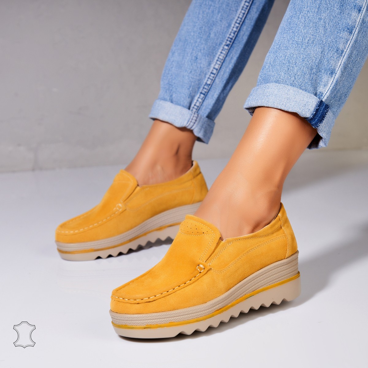 Poze Mocasini dama Piele Naturala Intoarsa Galbeni Sulma