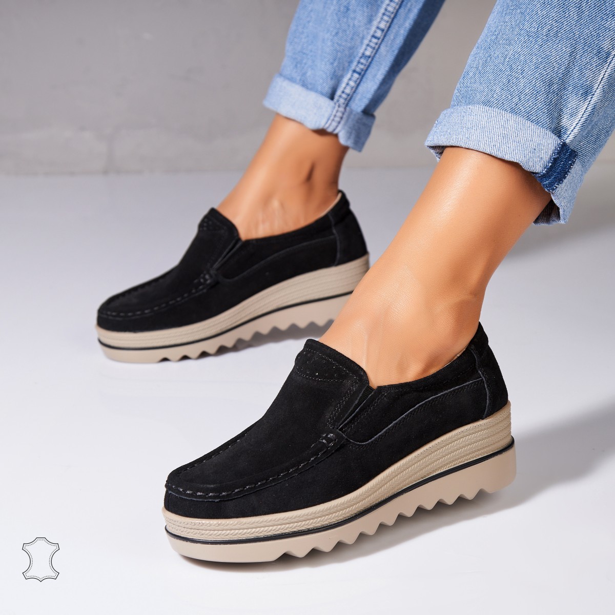 Poze Mocasini dama Piele Naturala Intoarsa Negri Sulma