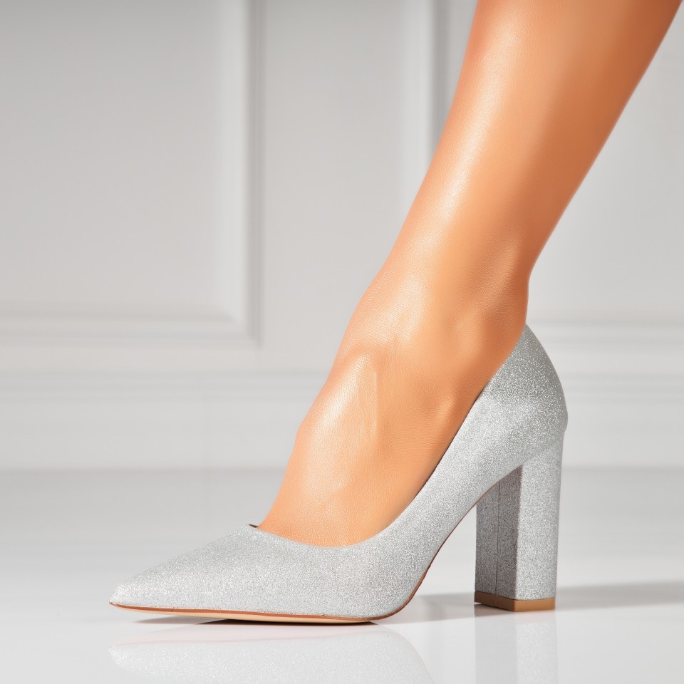 Poze Pantofi dama cu toc Argintii din Glitter Miyani