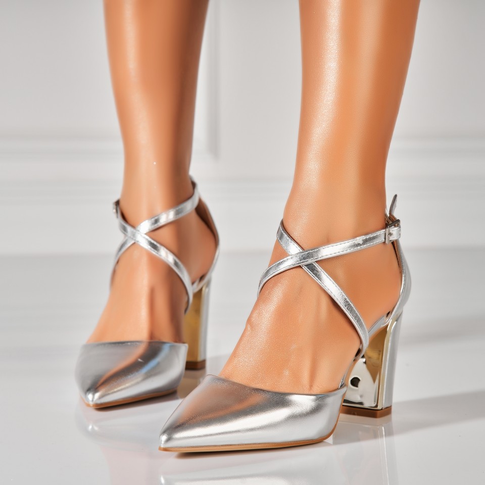 Poze Pantofi dama cu toc Argintii din Piele Ecologica Sanah