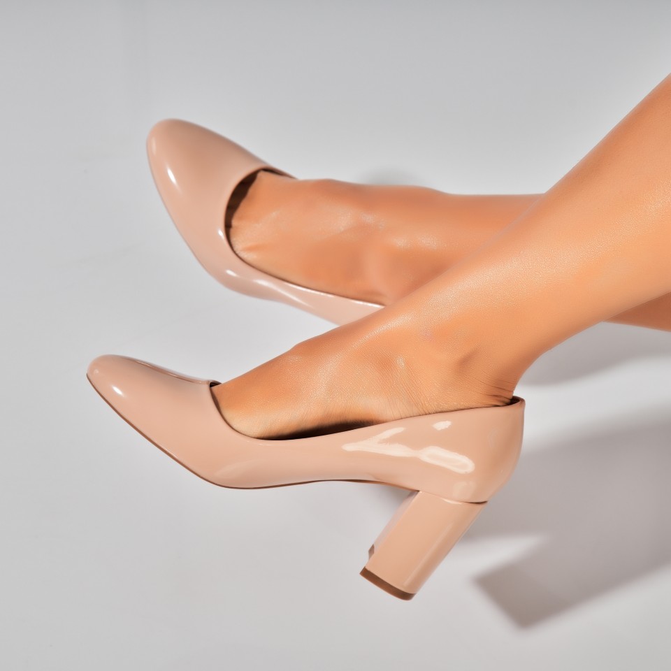 Poze Pantofi dama cu toc Bej din Piele Ecologica Lacuita Levia