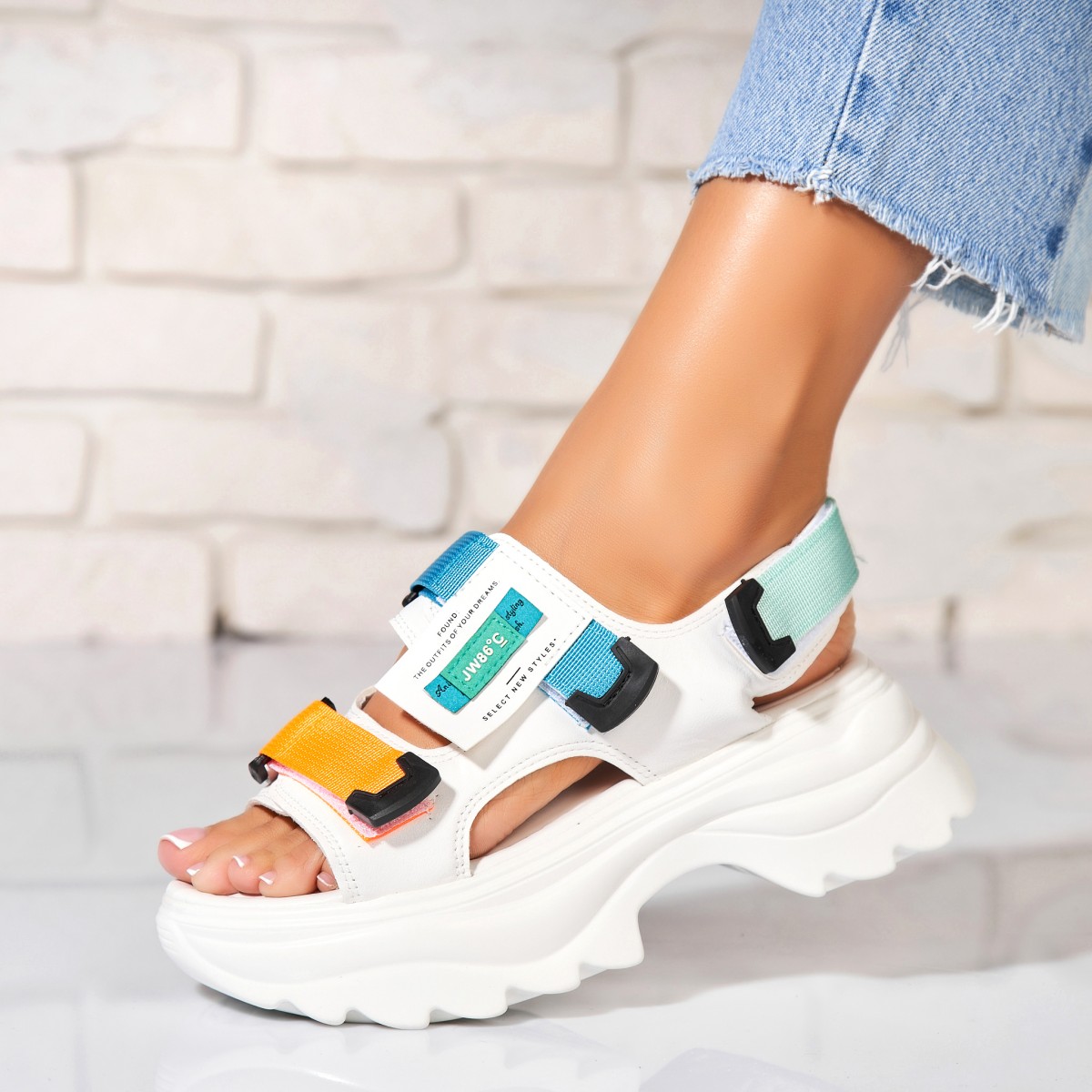 Poze Sandale dama cu platforma Albe din Piele Ecologica Lavena