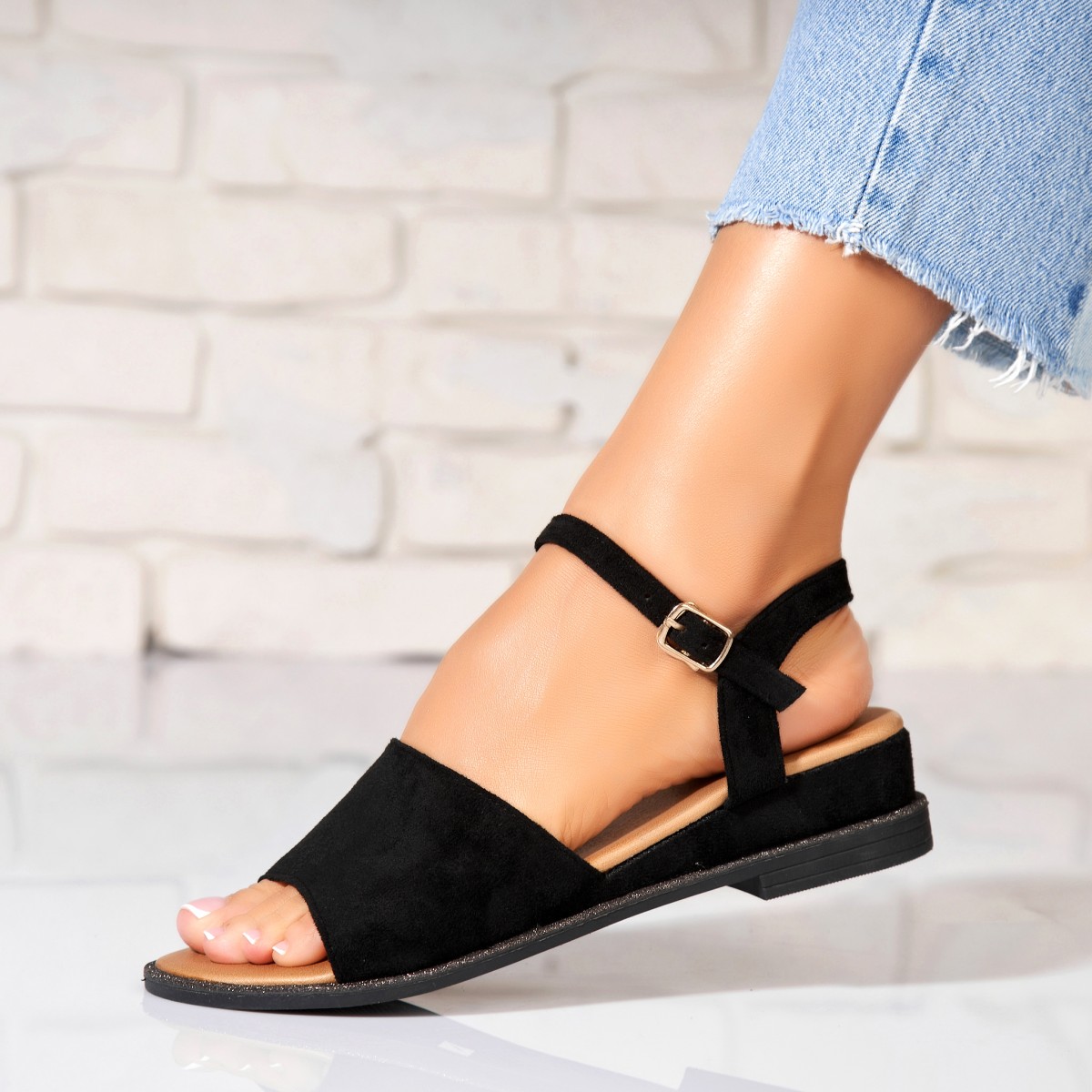 Poze Sandale fara Toc din Piele Ecologica Intoarsa dama Negre Mikka