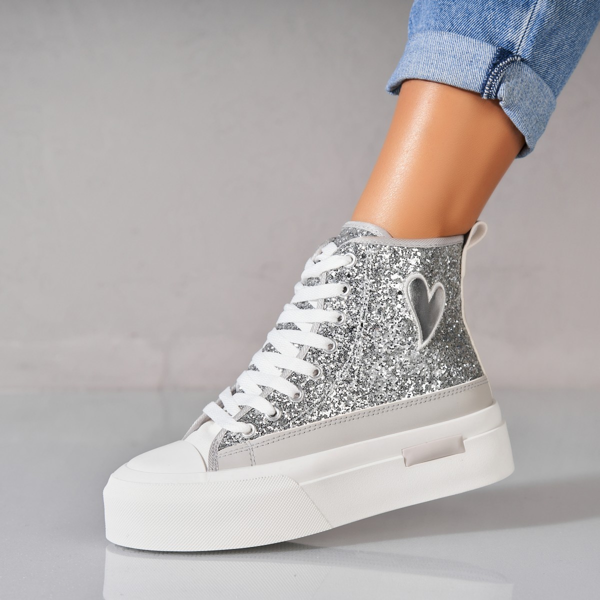 Poze Sneakersi dama Glitter Argintii Habibi