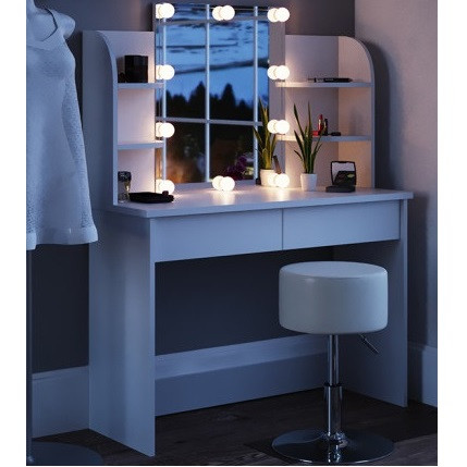 Poze SEA251 - Set Masa alba toaleta cosmetica machiaj oglinda masuta vanity, oglinda cu LED si rafturi eMobili.ro
