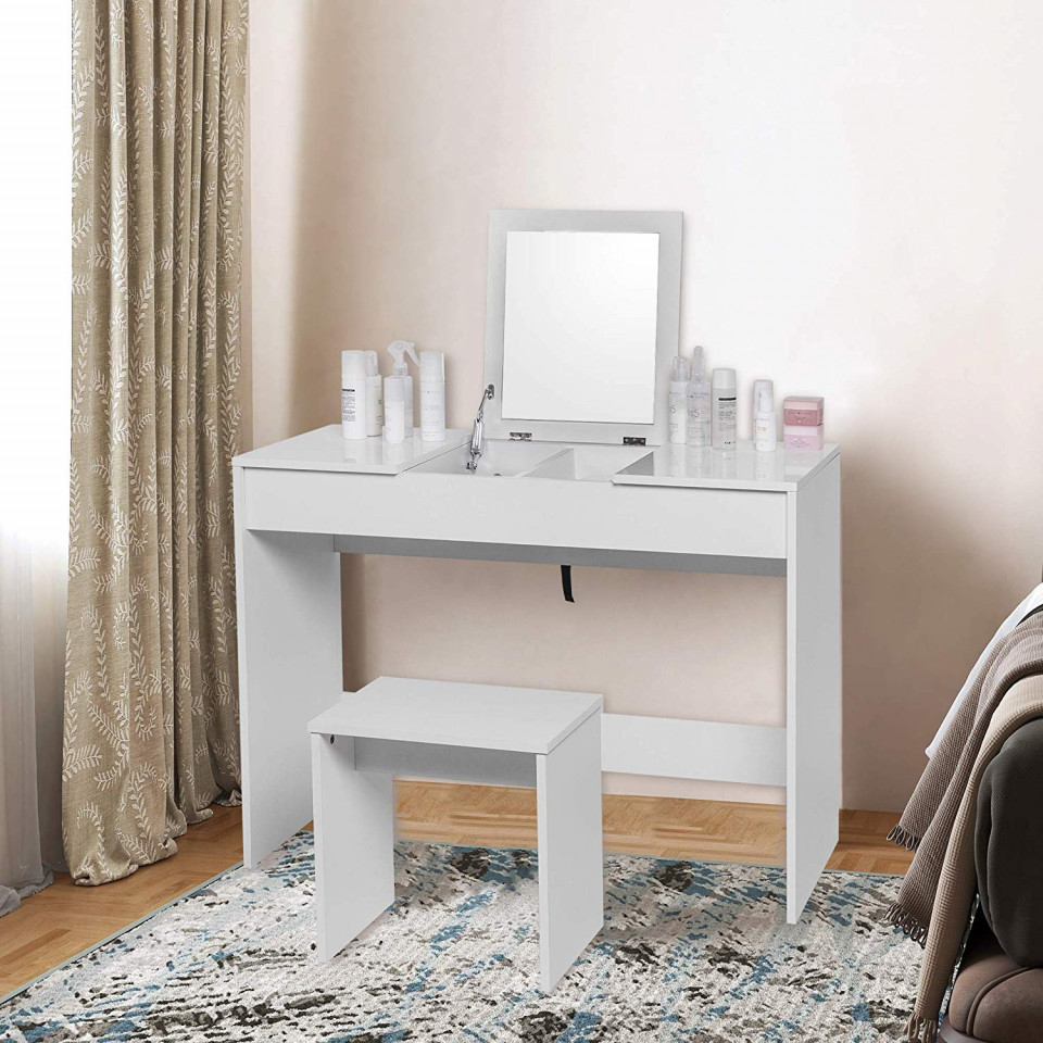 Poze SEA280 - Set Masa alba toaleta, 100 cm, cosmetica machiaj oglinda pliabila masuta vanity, scaunel, taburet eMobili.ro