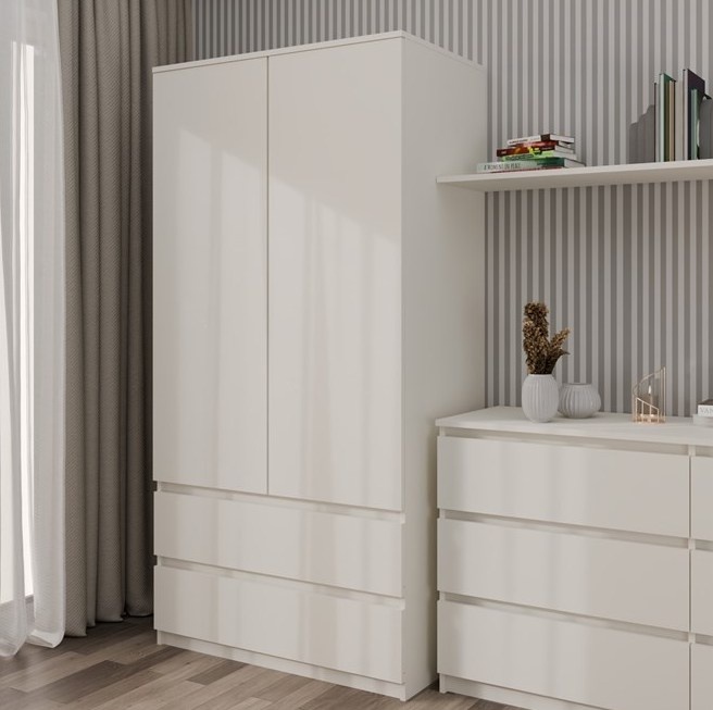 LAC503 - Dulap crem sifonier dormitor dublu cu bara pentru umerase 2 sertare - Colectia LaCreme