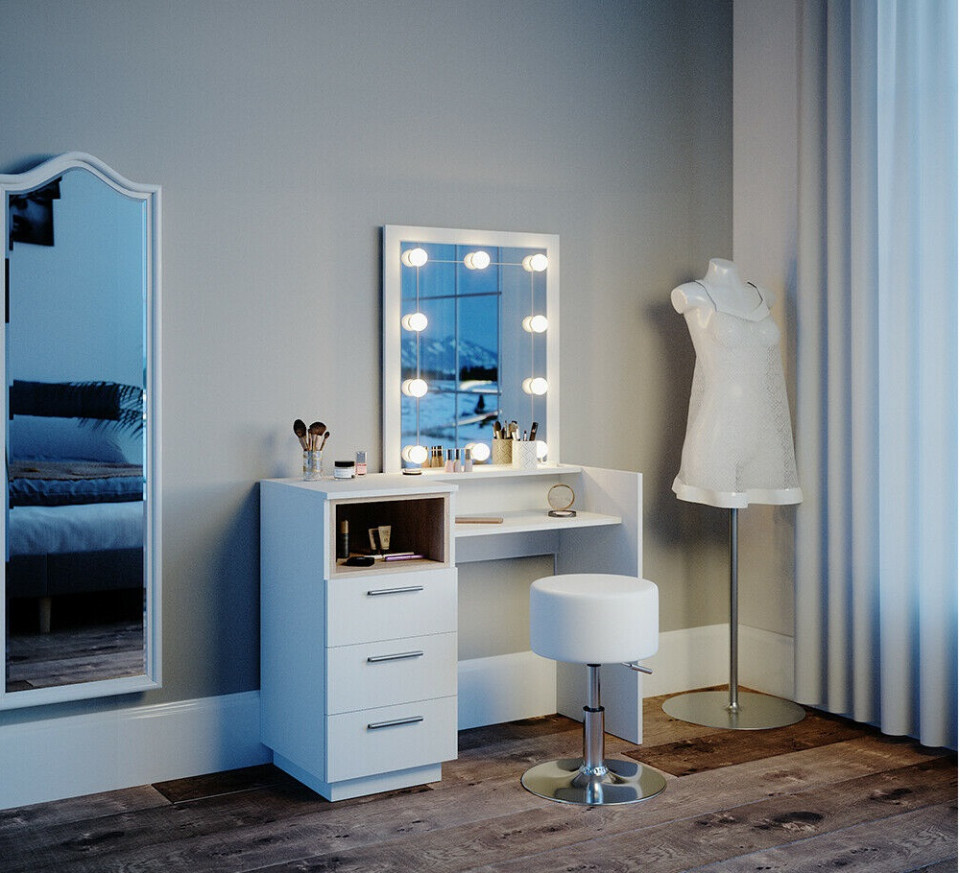 Poze SEA361 - Set Masa toaleta, 100 cm, moderna cosmetica machiaj oglinda, masuta vanity cu sau fara LED- Alb eMobili.ro