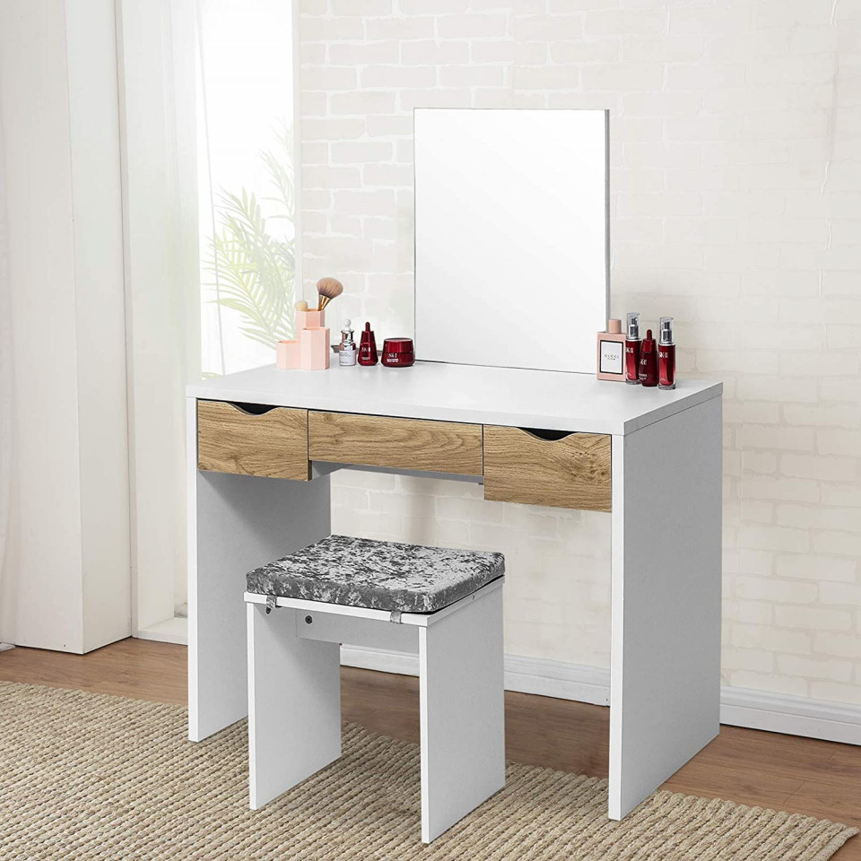 SEA286 - Set Masa toaleta, 100 cm, cosmetica machiaj cu oglinda, masuta vanity, scaun tapitat, comod