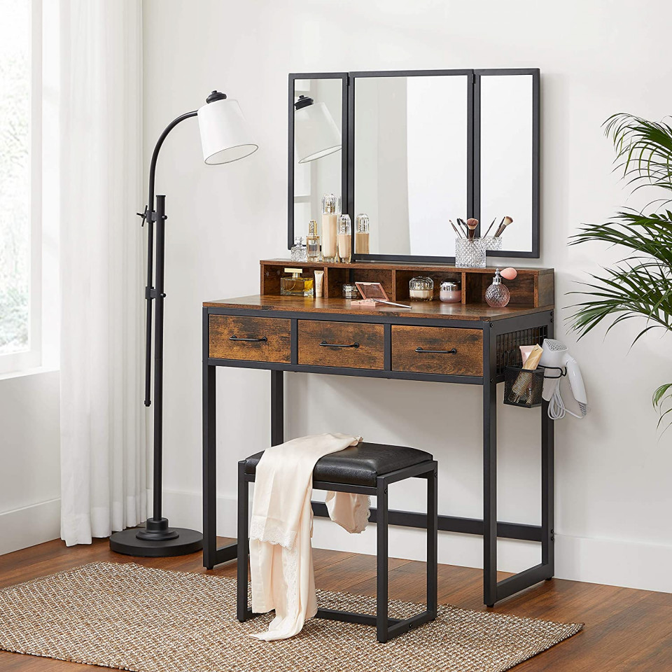 SEM222 - Set Masa toaleta, 90 cm, cosmetica machiaj cu oglinda tripla, masuta vanity - Maro stil ind