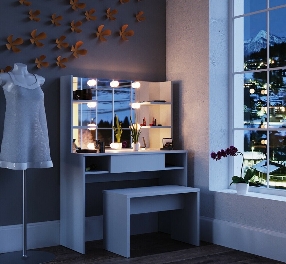 Masuta machiaj cu Oglinda LED si 1 Sertar pentru Cosmetice, Set Masa toaleta 100 cm, Alb, masuta cosmetica, vanity - SEA269