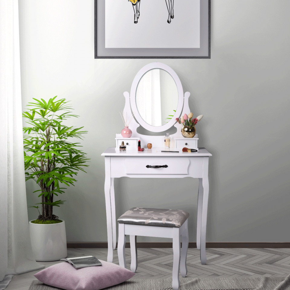 SEA607 - Set Masa toaleta, 72 cm, consola cosmetica machiaj masuta vanity make-up cu oglinda si scau