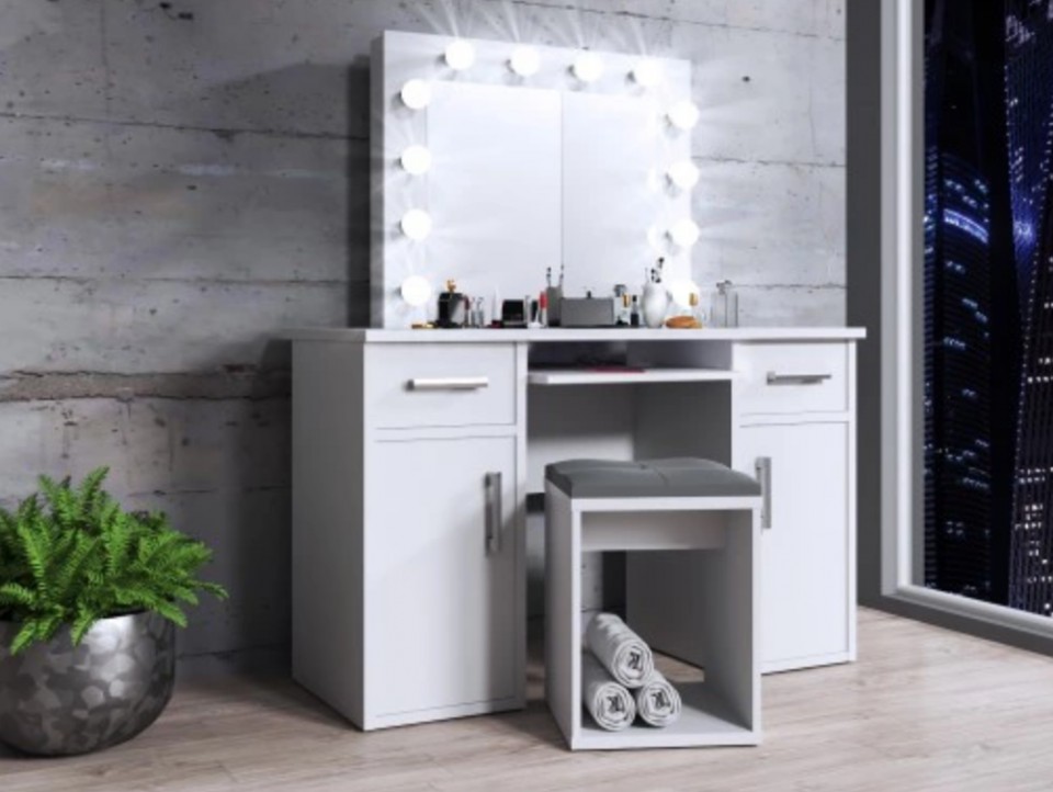 Masuta machiaj cu Oglinda LED si 2 Sertare pentru Cosmetice, Set Masa toaleta 120 cm, Alb, masuta cosmetica, vanity - SEA507