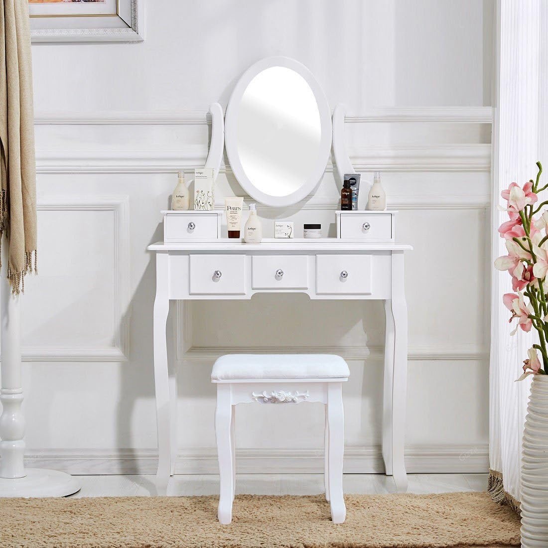 SEA101 - Set Masa alba toaleta 80 cm cosmetica machiaj oglinda masuta vanity cu scaun tapitat