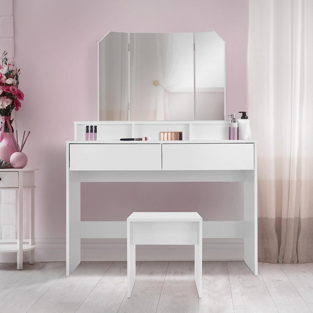 Poze SEA91 - Set Masa toaleta, 100 cm, cosmetica, masa machiaj cu oglinda si scaun, masuta vanity - Alb eMobili.ro