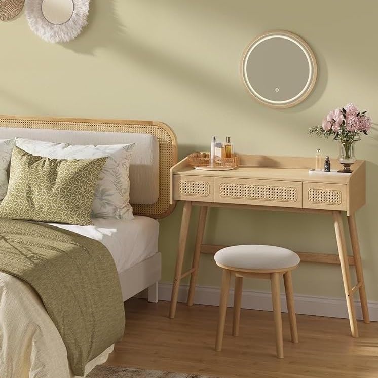 Poze SEM20 - Set Masa toaleta, 87 cm, masa machiaj cu oglinda cu LED, masuta vanity cu sau fara scaun - Maro eMobili.ro