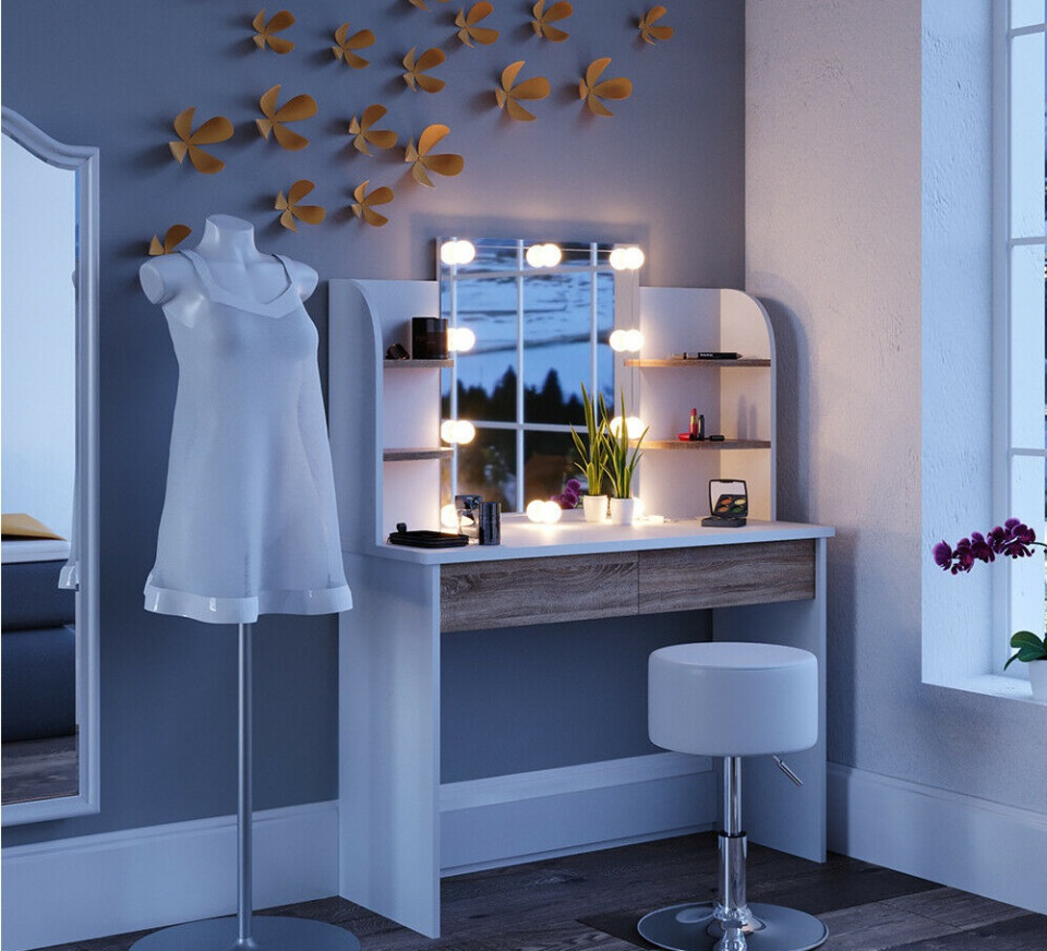 SEA275 - Set Masa toaleta cosmetica machiaj oglinda masuta vanity, oglinda cu sau fara LED - Alb-Mar